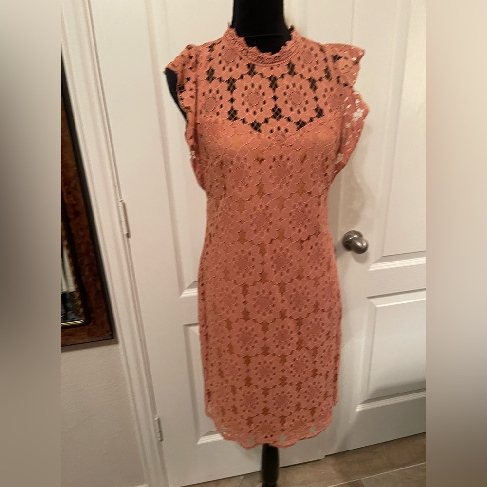 Cato Floral Lace Midi Dress in Coral